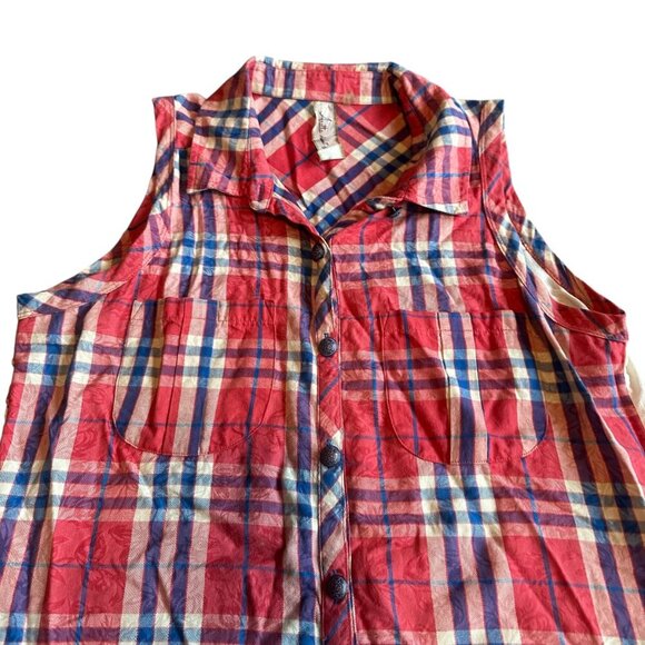 Aratta Silent Journey Plaid Sleeveless Dress Floral Chiffon Back Paisley Flowy - Picture 2 of 12